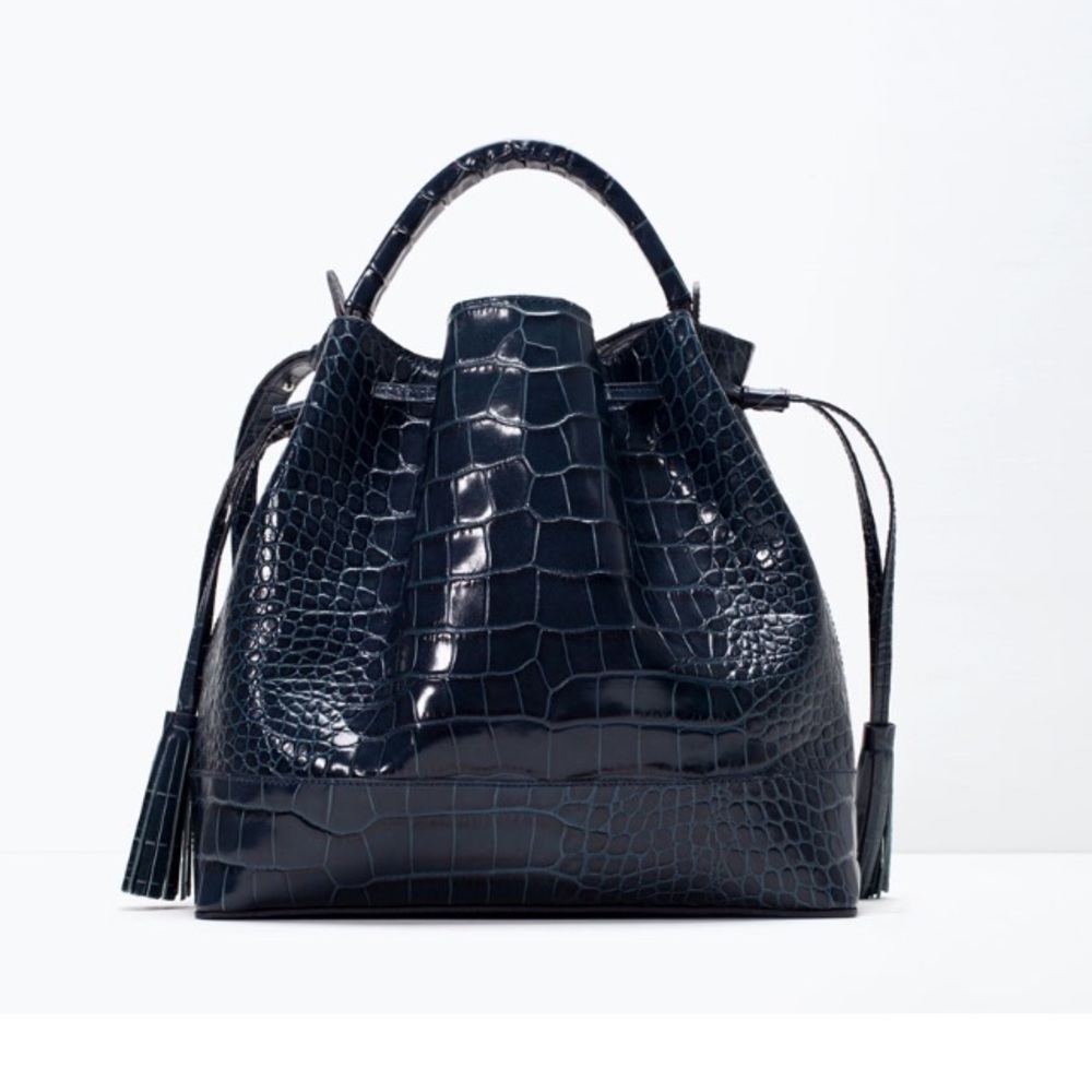 Zara Navy Blue Croc-Embossed Leather Bucket Bag
